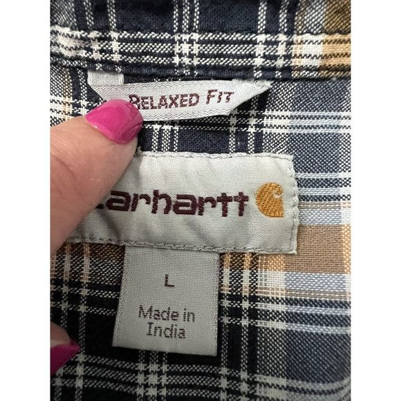Carhartt Shirt Men's Large Button-Up Short Sleeve Cotton Casual Plaid Navy Gold - Picture 8 of 9